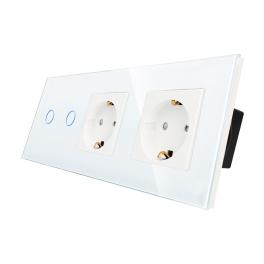Intrerupator Dublu + 2 Prize cu Rama din Sticla LUXION - alb