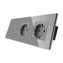 Intrerupator Dublu + 2 Prize cu Rama din Sticla LUXION - gri