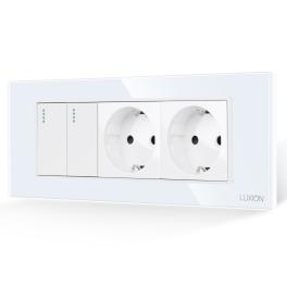 Intrerupator Dublu + 2 Prize cu Rama din Sticla LUXION, Standard Italian, 6M - alb