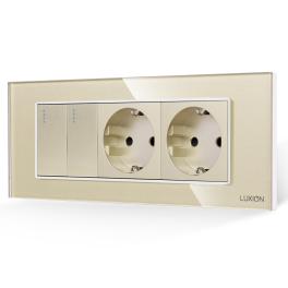 Intrerupator Dublu + 2 Prize cu Rama din Sticla LUXION, Standard Italian, 6M - auriu