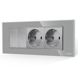 Intrerupator Dublu + 2 Prize cu Rama din Sticla LUXION, Standard Italian, 6M - gri