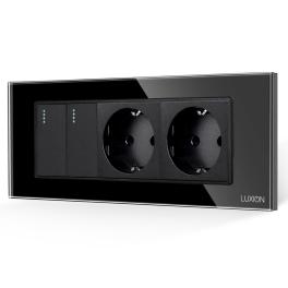 Intrerupator Dublu + 2 Prize cu Rama din Sticla LUXION, Standard Italian, 6M - negru