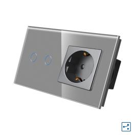 Intrerupator Dublu Cap Scara / Cruce + Priza cu Rama din Sticla LUXION, Serie A - gri
