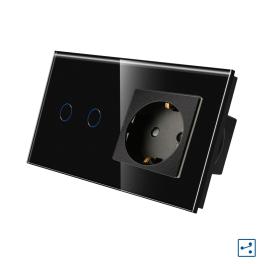 Intrerupator Dublu Cap Scara / Cruce + Priza cu Rama din Sticla LUXION, Serie A - negru