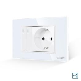 Intrerupator Dublu Cap Scara + Priza cu Rama din Sticla LUXION, Standard Italian, 3M - alb