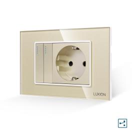 Intrerupator Dublu Cap Scara + Priza cu Rama din Sticla LUXION, Standard Italian, 3M - auriu