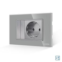 Intrerupator Dublu Cap Scara + Priza cu Rama din Sticla LUXION, Standard Italian, 3M - gri