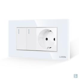 Intrerupator Dublu Cap Scara + Priza cu Rama din Sticla LUXION, Standard Italian, 4M - alb