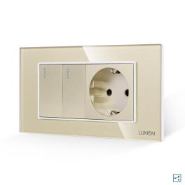 Intrerupator Dublu Cap Scara + Priza cu Rama din Sticla LUXION, Standard Italian, 4M - auriu