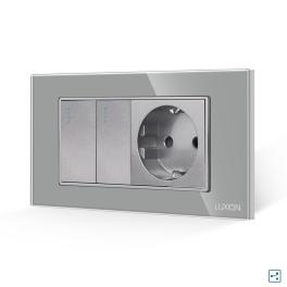 Intrerupator Dublu Cap Scara + Priza cu Rama din Sticla LUXION, Standard Italian, 4M - gri