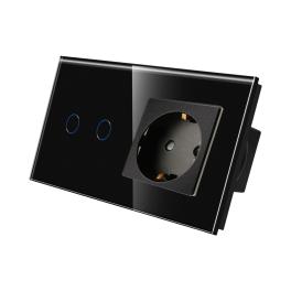 Intrerupator Dublu + Priza cu Rama din Sticla LUXION - negru