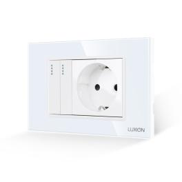Intrerupator Dublu + Priza cu Rama din Sticla LUXION, Standard Italian, 3M - alb