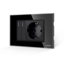 Intrerupator Dublu + Priza cu Rama din Sticla LUXION, Standard Italian, 3M - negru