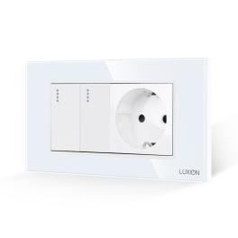 Intrerupator Dublu + Priza cu Rama din Sticla LUXION, Standard Italian, 4M - alb