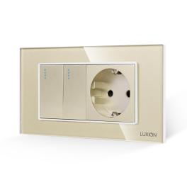 Intrerupator Dublu + Priza cu Rama din Sticla LUXION, Standard Italian, 4M - auriu