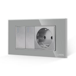 Intrerupator Dublu + Priza cu Rama din Sticla LUXION, Standard Italian, 4M - gri