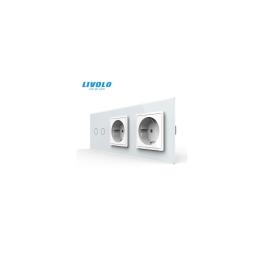Intrerupator dublu + priza dubla Schuko borne fara surub Quick Connect, generatia noua, cu rama sticla
