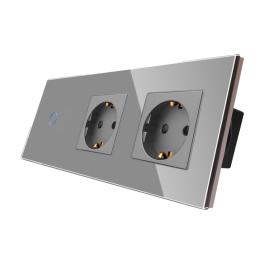 Intrerupator Simplu + 2 Prize cu Rama din Sticla LUXION - gri
