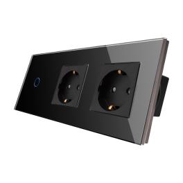 Intrerupator Simplu + 2 Prize cu Rama din Sticla LUXION - negru