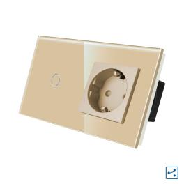 Intrerupator Simplu Cap Scara / Cruce + Priza cu Rama din Sticla LUXION, Serie A - auriu