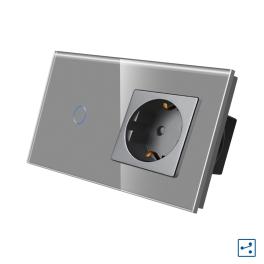 Intrerupator Simplu Cap Scara / Cruce + Priza cu Rama din Sticla LUXION, Serie A - gri