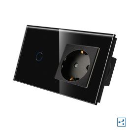 Intrerupator Simplu Cap Scara / Cruce + Priza cu Rama din Sticla LUXION, Serie A - negru