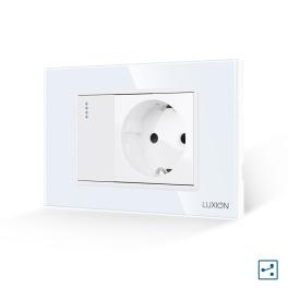 Intrerupator Simplu Cap Scara + Priza cu Rama din Sticla LUXION, Standard Italian, 3M - alb