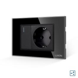 Intrerupator Simplu Cap Scara + Priza cu Rama din Sticla LUXION, Standard Italian, 3M - negru