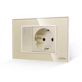 Intrerupator Simplu + Priza cu Rama din Sticla LUXION, Standard Italian, 3M - auriu