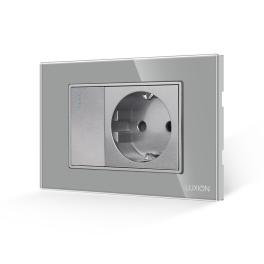 Intrerupator Simplu + Priza cu Rama din Sticla LUXION, Standard Italian, 3M - gri