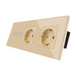 Intrerupator Triplu + 2 Prize cu Rama din Sticla LUXION - auriu