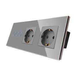 Intrerupator Triplu + 2 Prize cu Rama din Sticla LUXION - gri