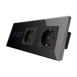 Intrerupator Triplu + 2 Prize cu Rama din Sticla LUXION - negru