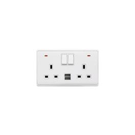 LONDON DOUBLE SOCKET 2P BUTTON SWITCH NEON+USB WH