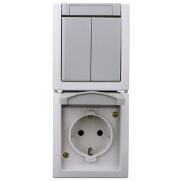 Întrerupător dublu+priză cu PE şi capac, montaj vert, IP54
