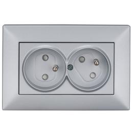 Priză dublă 16A cu pin PE rotit45°, cl.elastice, argintiu