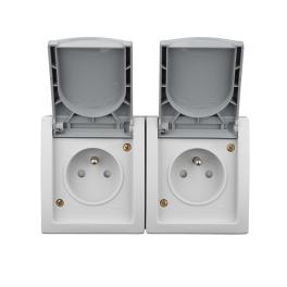 Priză dublă cu pin PE, protecţie copii, montaj oriz.IP54,gri