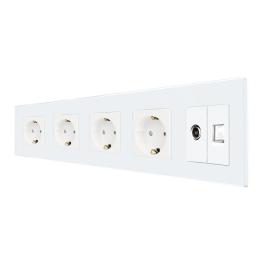 Priza Cvadrupla Schuko + TV + Internet cu Rama Din Sticla LUXION - alb