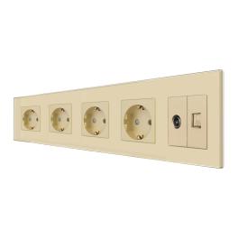 Priza Cvadrupla Schuko + TV + Internet cu Rama Din Sticla LUXION - auriu