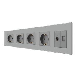 Priza Cvadrupla Schuko + TV + Internet cu Rama Din Sticla LUXION - gri