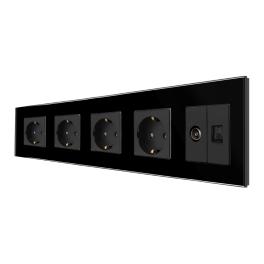 Priza Cvadrupla Schuko + TV + Internet cu Rama Din Sticla LUXION - negru