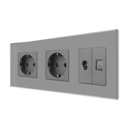 Priza Dubla Schuko + TV + Internet cu Rama Din Sticla LUXION - gri