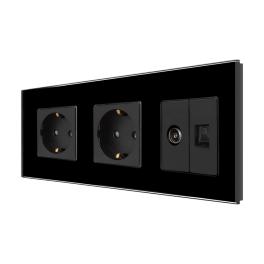 Priza Dubla Schuko + TV + Internet cu Rama Din Sticla LUXION - negru