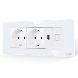 Priza Dubla Schuko + TV + Internet cu Rama din Sticla LUXION, Standard Italian, 6M - alb