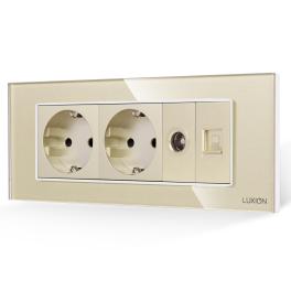 Priza Dubla Schuko + TV + Internet cu Rama din Sticla LUXION, Standard Italian, 6M - auriu