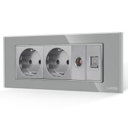 Priza Dubla Schuko + TV + Internet cu Rama din Sticla LUXION, Standard Italian, 6M - gri