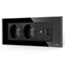 Priza Dubla Schuko + TV + Internet cu Rama din Sticla LUXION, Standard Italian, 6M - negru