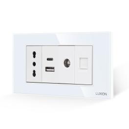 Priza Ingusta + Dubla USB + TV + Internet cu Rama Din Sticla LUXION, Standard Italian, 4M - alb