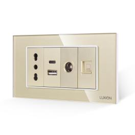 Priza Ingusta + Dubla USB + TV + Internet cu Rama Din Sticla LUXION, Standard Italian, 4M - auriu