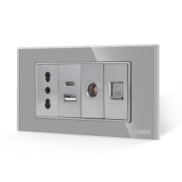 Priza Ingusta + Dubla USB + TV + Internet cu Rama Din Sticla LUXION, Standard Italian, 4M - gri